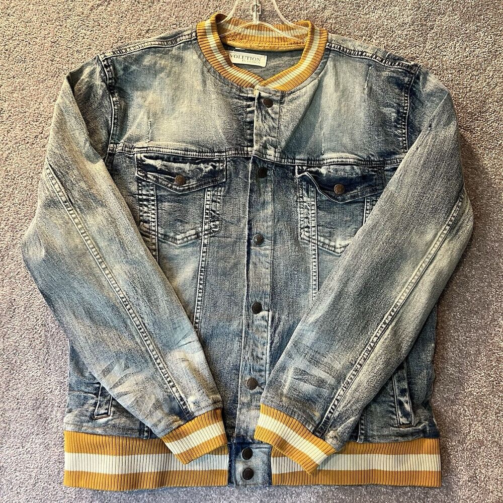 Evolution In Design Denim Jacket Mens XL Acid Wash Distressed Varsity Bomber Fly